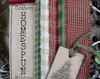 Homespun Ribbon Strips Christmas Assortment 7 yds. Various Widths 7 - 1 Yd Homespun Strips 1.25"-2" Widths Junk Journal Scrapbook Ribbon