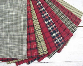Homespun Flannel Fabric Fat Quarter Bundle, Black, Beige & Reds, 9 PC