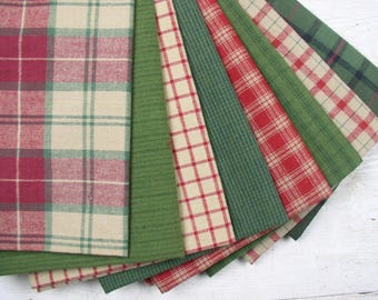 Forest Greens Christmas Reds 8 PC Homespun Fat Quarter Bundle or By the Yard Fabric Bundle Rag Quilting Primitives Christmas Ornies