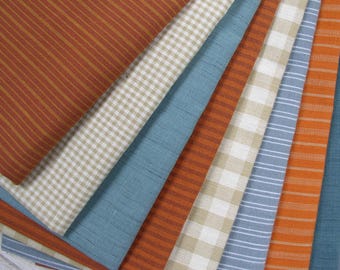 Orange, Teal, Gray and Wheat 9 PC Homespun Fat Quarter Bundle or By the Yard Fabric Bundle Rag Quilting Primitives Fall Pumpkin Ornies