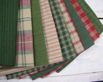 Forest Greens Christmas Reds 9 PC Homespun Fat Quarter Bundle or By the Yard Fabric Bundle Rag Quilting Primitives Christmas Ornies