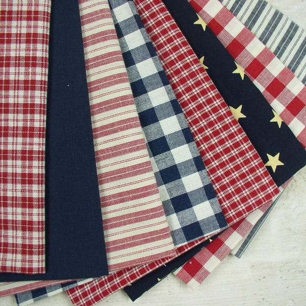 Red White & Blue 8 PC Homespun Fat Quarter Bundle or By the Yard