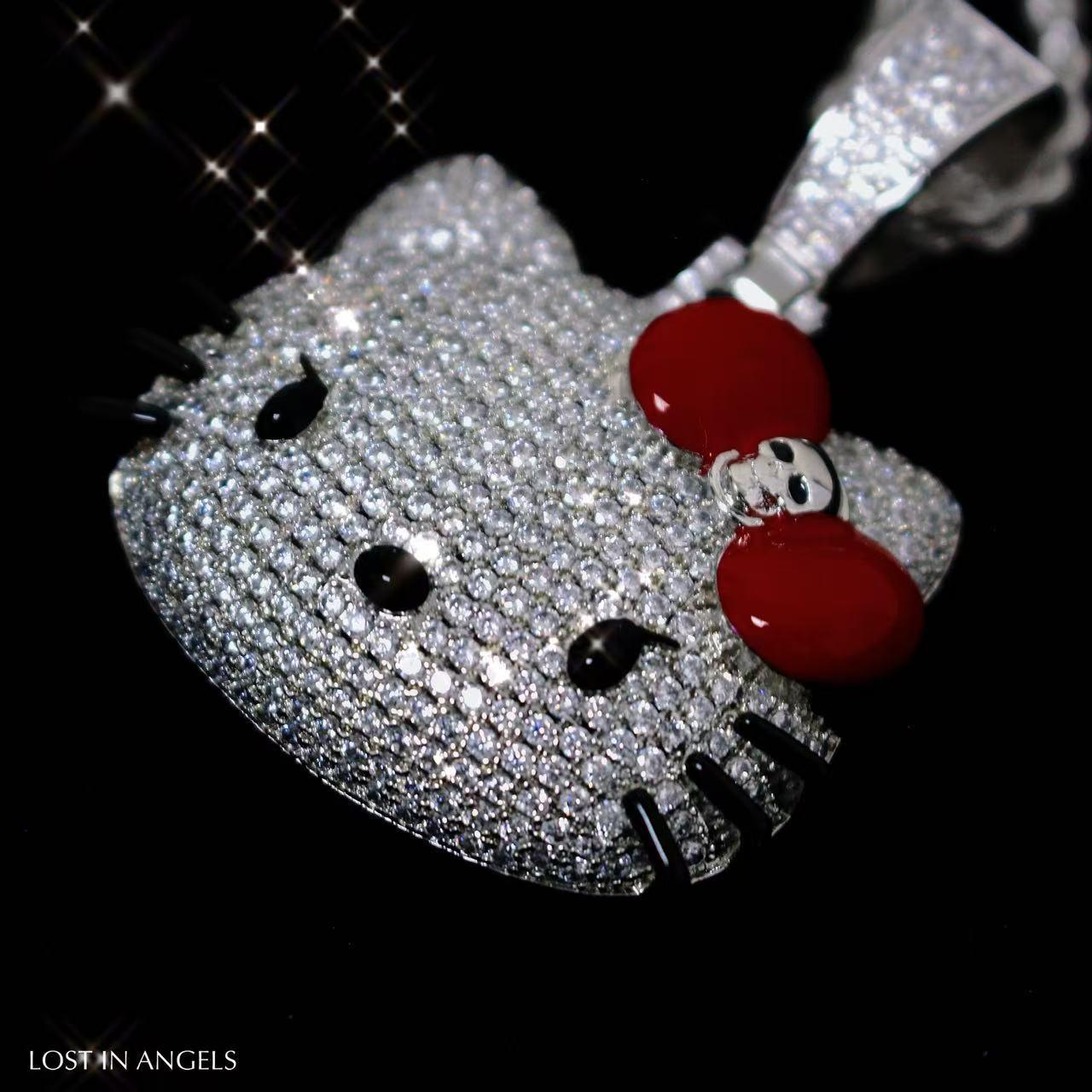 Iced Out Hello Kitty Pendant: Silver Plated Copper Necklace With