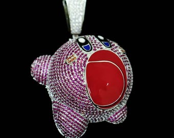Iced Kirby Pendant Necklace: 3D Rhinestone Charm, Stainless Steel Chain