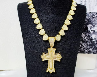 Iced Out Cross Pendant & Heart Cuban Chain: Hip Hop Bling Necklace Set