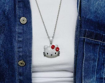 Iced Out Hello Kitty Pendant: Silver Plated Copper Necklace With
