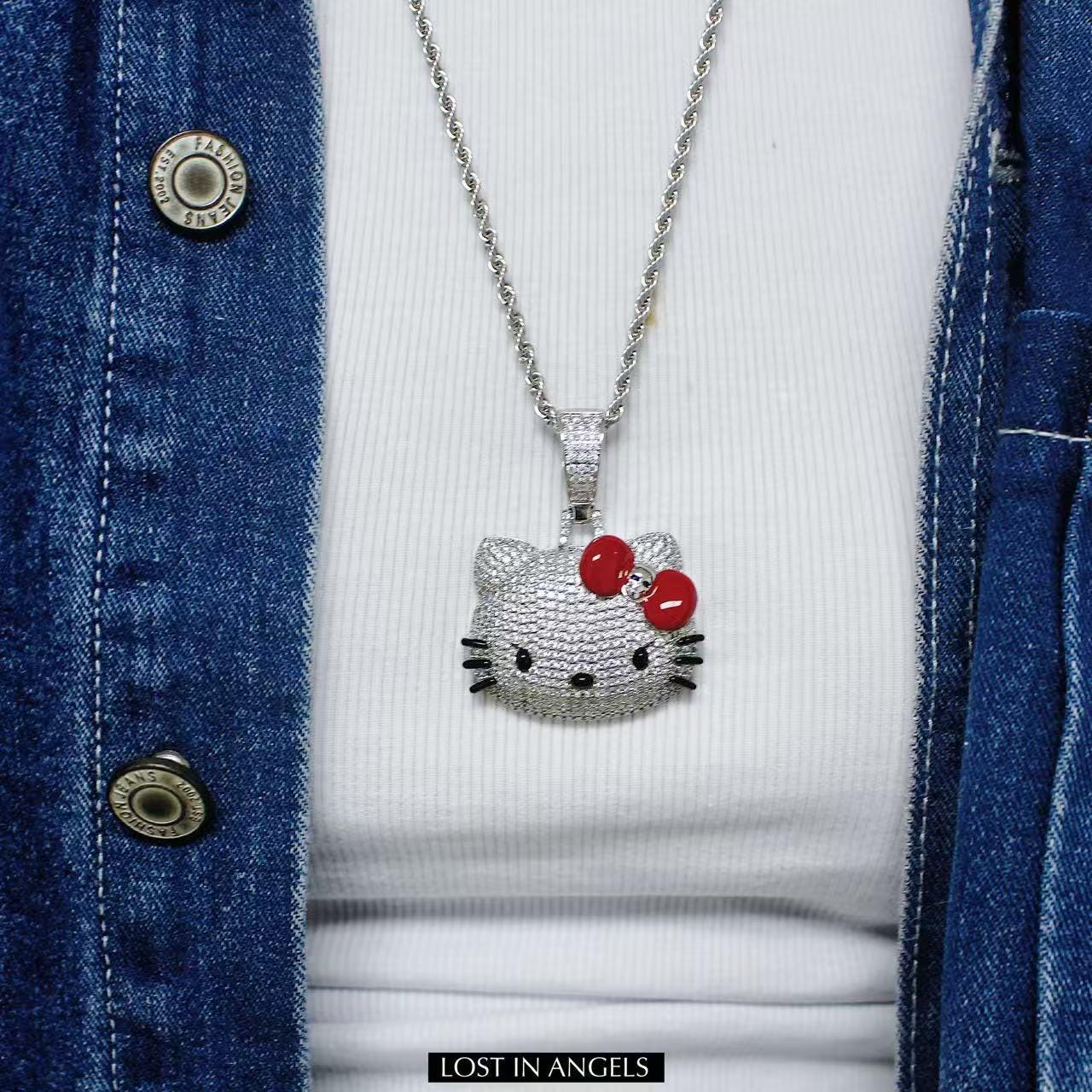 Iced Out Hello Kitty Pendant: Silver Plated Copper Necklace With