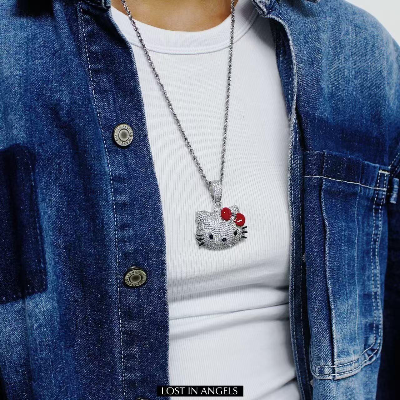 Iced Out Hello Kitty Pendant: Silver Plated Copper Necklace With