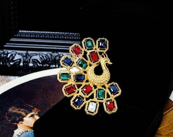 Vintage Style Peacock Brooch: Enamel Rhinestone Victorian Pin