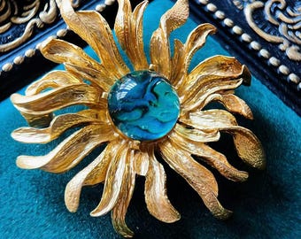 Van Gogh Vintage Inspired Sunflower Brooch: Gold plated Resin Pin, Retro Art Jewelry