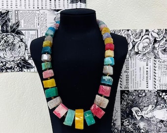 Handmade Vibrant Natural Stone Statement Necklace - Bold Boho Art Jewelry with Chunky Gemstones, Rainbow Crystal Pendant for Festival & Gift