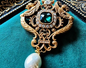 Vintage Inspired Dragon Brooch: Pearl & Rhinestone Chinese Palace Style