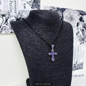 Edgy Hip Hop Purple Zirconia Cross Pendant Necklace | Black Stainless Steel Chain | Gothic Streetwear Jewelry for Men & Women I Grillz Gift