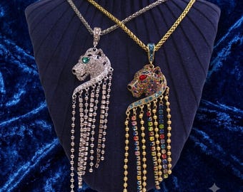 Halsband med tofs i vintage-stil, guld och silver, leopardhuvud | Färgglada ädelstenar i zirkon, uttalandesmycken, daglig festpresent till henne och honom