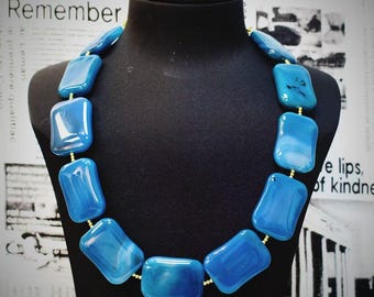 Blue Banded Agate Pendant Necklace: Natural Stone Boho Jewelry