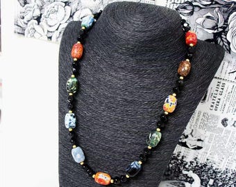 Handmade Dyed Agate Necklace: Boho Gemstone & Black Bead Jewelry