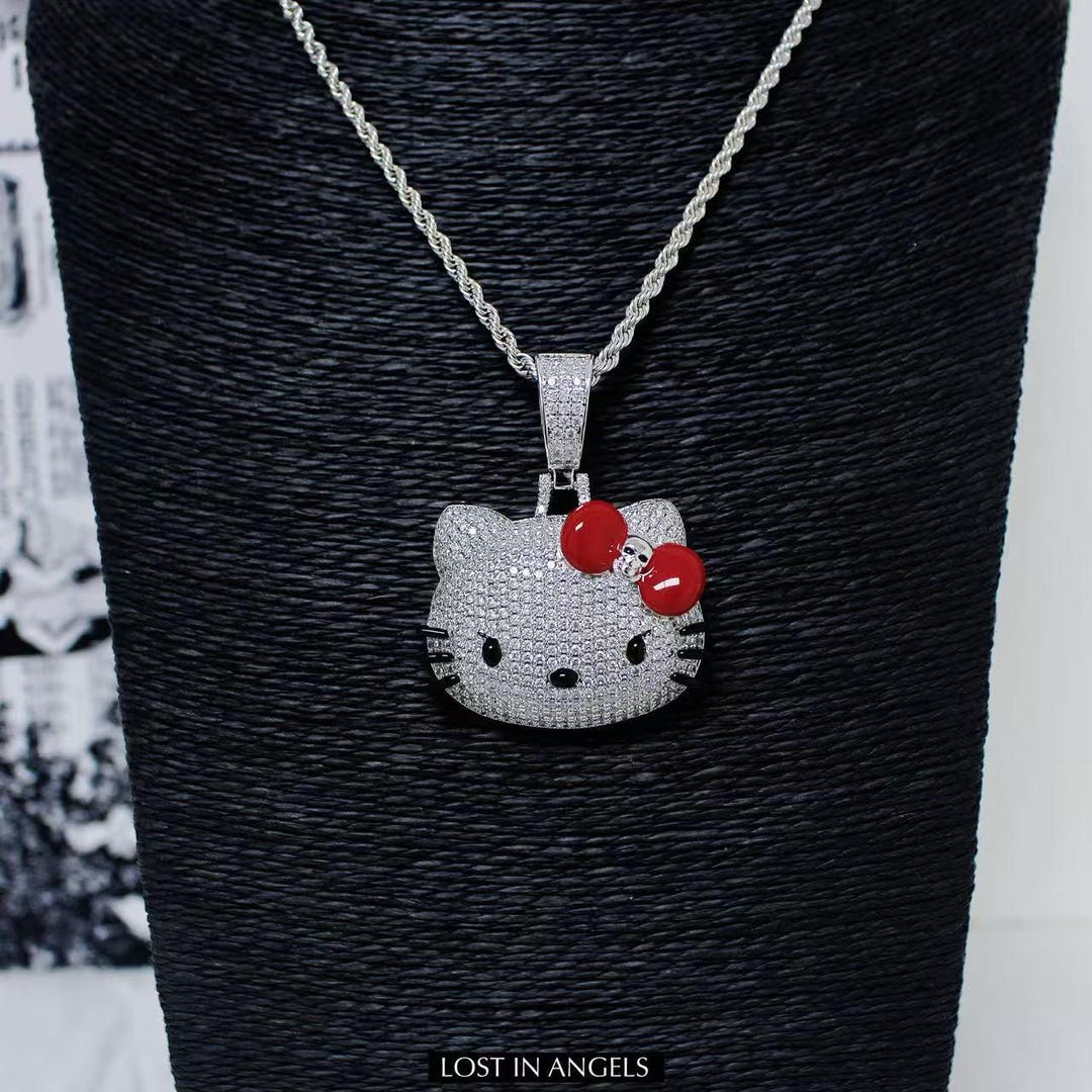 Iced Out Hello Kitty Pendant: Silver Plated Copper Necklace With