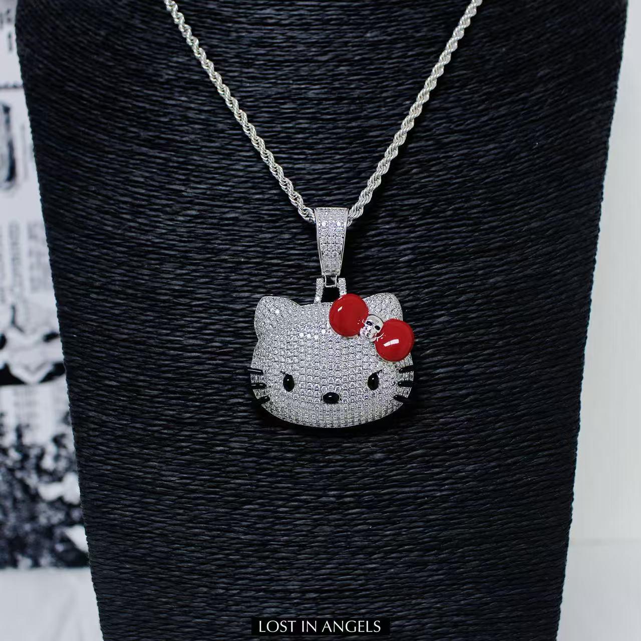 Iced Out Hello Kitty Pendant: Silver Plated Copper Necklace With