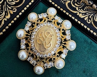 Victorian Cameo Brooch: Copper Filigree Pin with Faux Pearls
