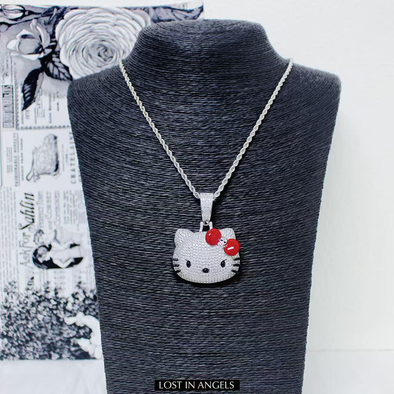 Iced Out Hello Kitty Pendant: Silver Plated Copper Necklace With