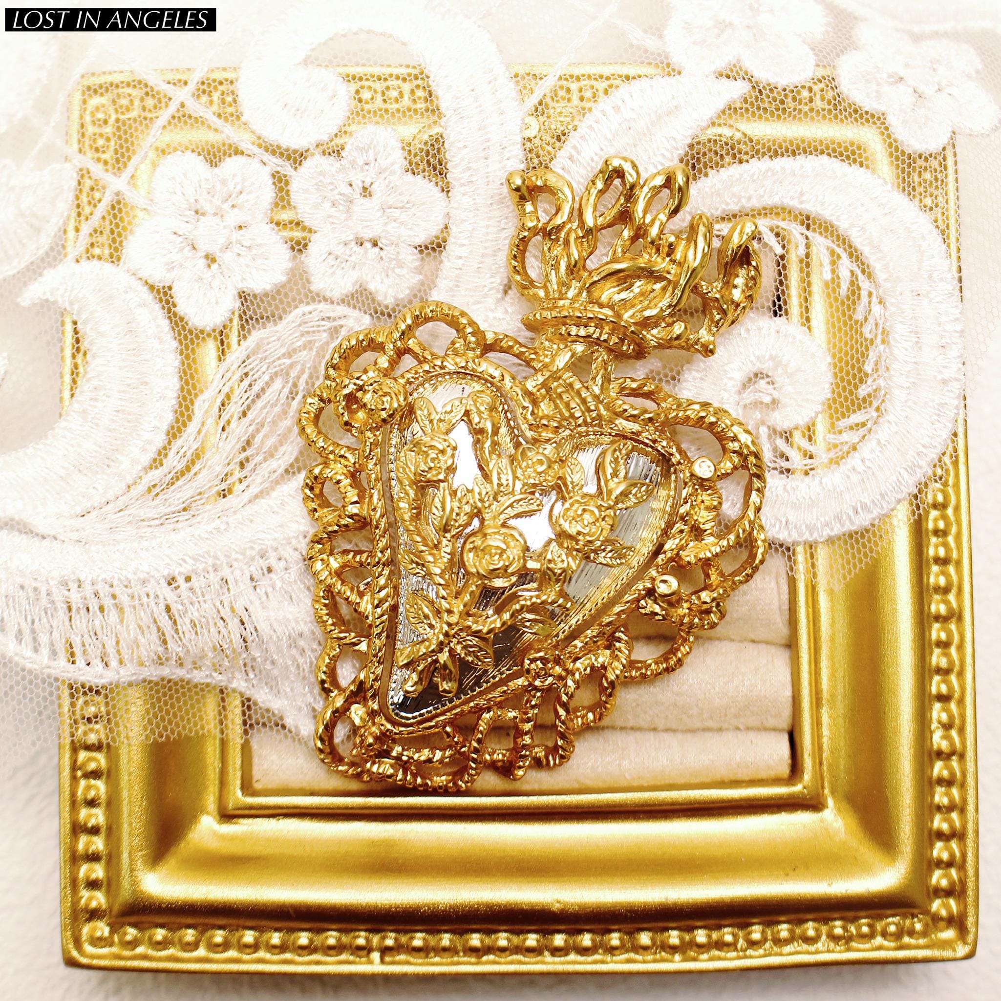 Vintage Inspired Renaissance Heart Brooch - Gold & Silver Floral Amulet ...