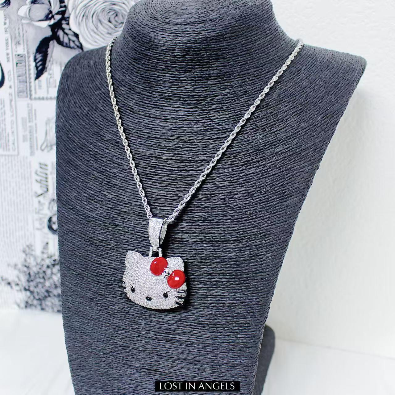 Iced Out Hello Kitty Pendant: Silver Plated Copper Necklace With