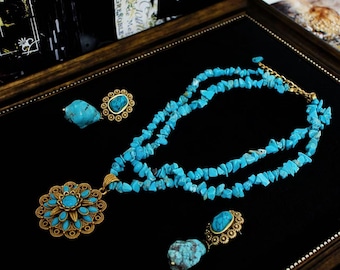 Conjunto de collar y pendientes turquesa estilo bohemio: joyería llamativa de inspiración vintage