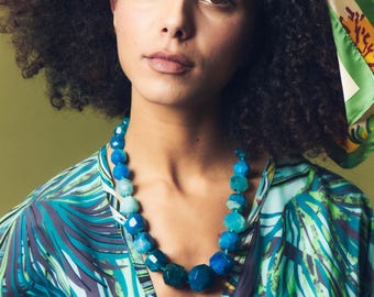 Oversized Blue Agate Necklace: Chunky Boho Gemstone, Artisan Crafted