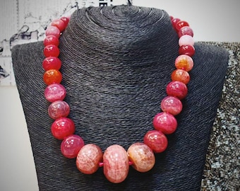 Pink Agate Beaded Necklace: Handcrafted Boho Statement Jewelry