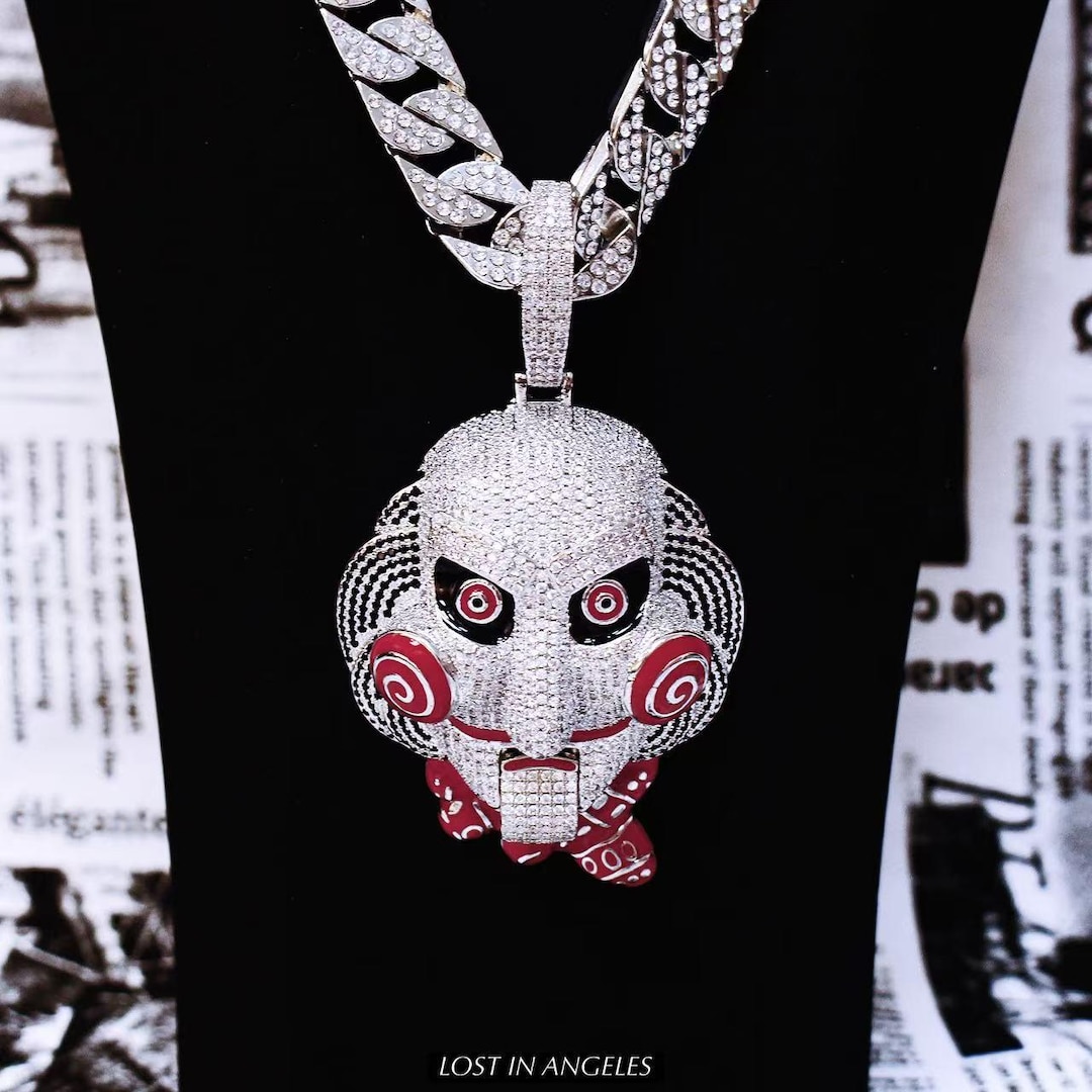 Iced Out Chainsaw Mask Pendant: Movable Jaw Inspired Cuban Link