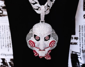 Iced Out Chainsaw Mask Pendant: Movable Jaw Inspired Cuban Link
