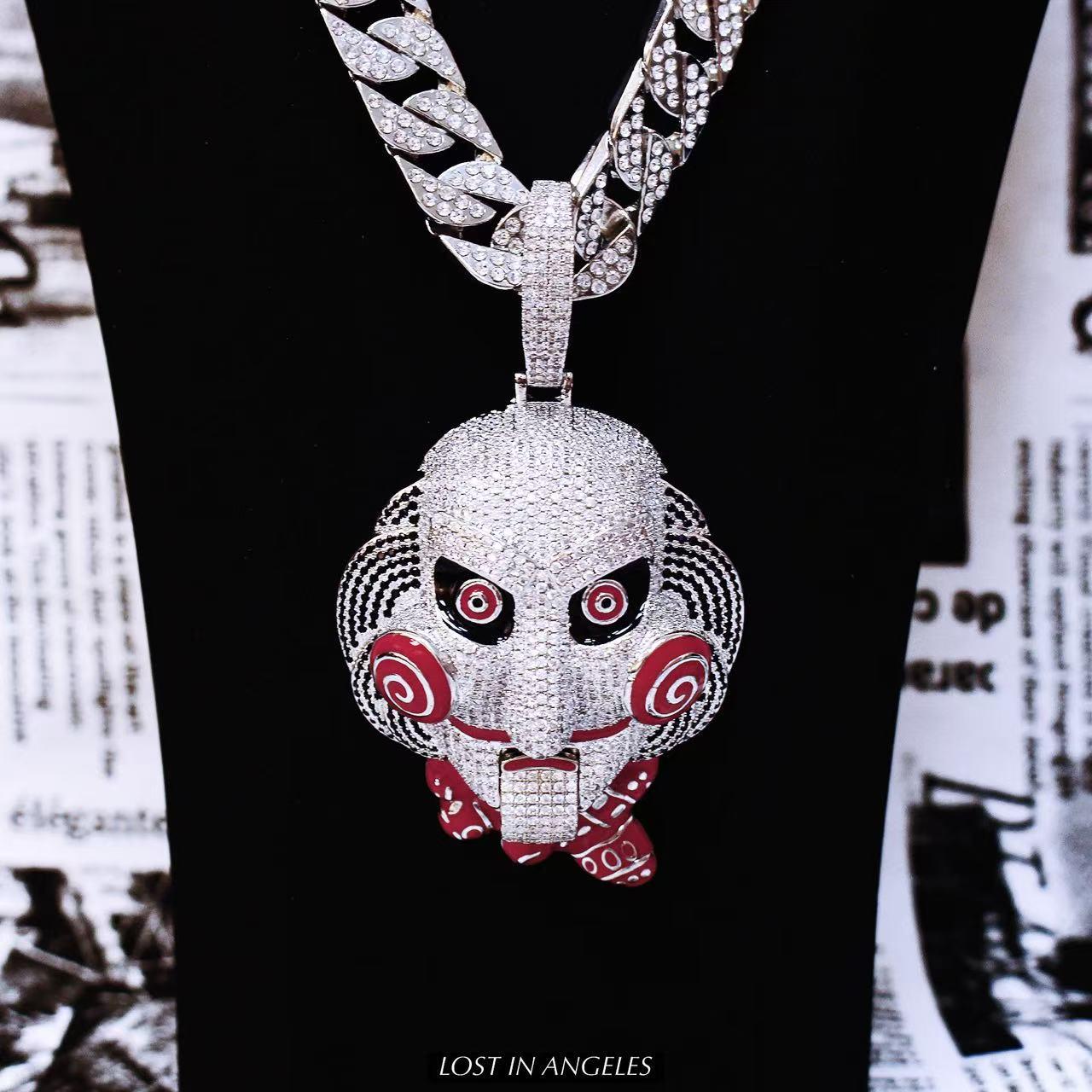 Iced Out Chainsaw Mask Pendant: Movable Jaw Inspired Cuban Link