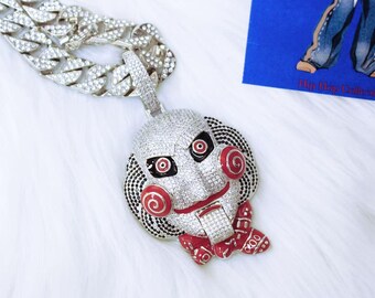 Iced Out Chainsaw Mask Pendant: Movable Jaw Inspired Cuban Link