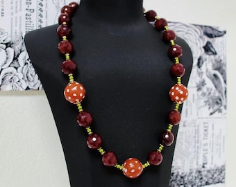 Handmade Red Agate & Strawberry Quartz Necklace: Boho Art Jewelry
