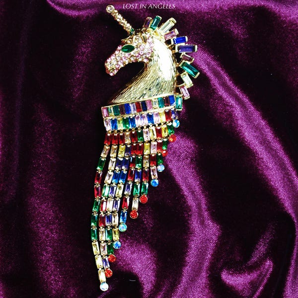 Vintage-Inspired Unicorn Brooch, Gold-Plated Rainbow CZ, Fantasy Jewelry