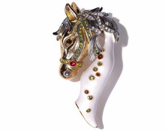 Vintage Inspired Horse Brooch: Antique Gold Brass with Colorful Zirconia & White Drip Enamel