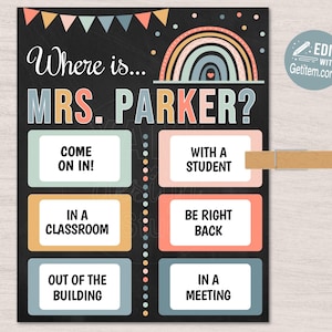 EDITABLE Where&#39;s the Teacher Sign Boho Classroom Door Sign Custom Teacher Gifts Teacher Door Hanger Classroom Management id: WTS6