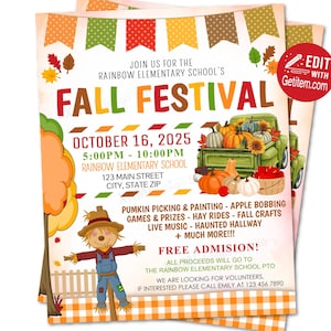 Puede incluir: Volantes para un festival de otoño en la escuela Rainbow Elementary el 16 de octubre de 2025. El diseño incluye calabazas, un camión vintage y un espantapájaros. Promociona actividades como la recogida de calabazas.