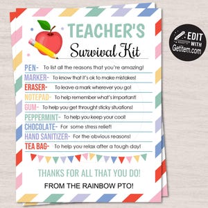 May include: A colorful Teacher's Survival Kit card with an apple and pencil graphic. The card lists items like a pen, marker, eraser, notepad, gum, peppermint, chocolate, hand sanitizer, and tea bag, with accompanying descriptions. The text reads "Thanks for all that you do!"