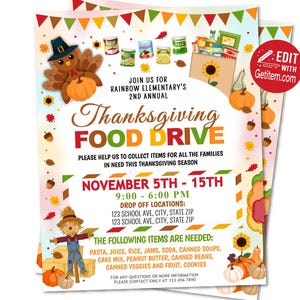 EDITIERBARE Thanksgiving Food Drive Flyer Herbst Food Drive Flyer Ernte Fundraiser Schule Kirche Gemeinschaft Benefiz Charity Non-Profit id: FF6