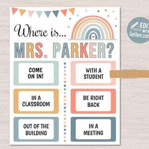 EDITABLE Where&#39;s the Teacher Sign Boho Classroom Door Sign Custom Teacher Gifts Teacher Door Hanger Classroom Management id: WTS5