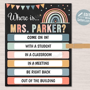 EDITABLE Where&#39;s the Teacher Sign Classroom Door Sign Custom Teacher Gifts Teacher Door Hanger Classroom Management id: WTS12