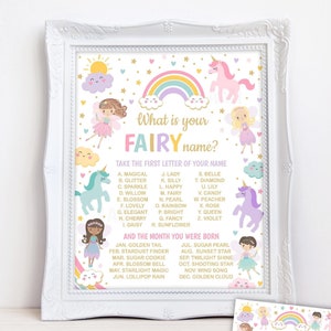 Einhorn Fee Name Spiel Zeichen wunderliche Märchen Einhorn Party Pastell Regenbogen magische Party Printable Instant Download UD1