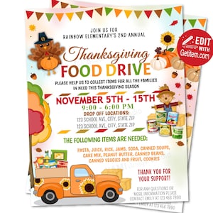 EDITIERBARE Thanksgiving Food Drive Flyer Herbst Food Drive Flyer Ernte Fundraiser Schule Kirche Gemeinschaft Benefiz Charity Non-Profit id: FF7