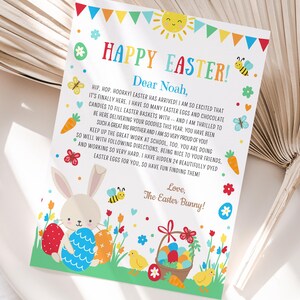 Carta editável do coelho da Páscoa Carta da manhã de Páscoa Carta personalizada do coelho da Páscoa Caça aos ovos na cesta de Páscoa ESK id: EST2