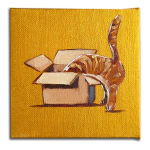 Custom Orange Tabby Cat in Box Oil Painting – 4x4” Whimsical Cat Lover Gift, Minimalist Home Decor, Bold Pet Portrait Canvas Art