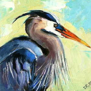 Blue Heron OIl Painting Original Coastal Bird Wall Art 6x6&quot; Wildlife Decor Nature Animal Artwork Heron Gift Custom Bird Art
