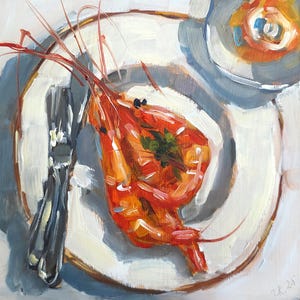 Shrimp and Wine Oil Painting 6x6 Original Seafood Still Life Bold Kitchen Wall Art Bar Decor Gift for Food Lover Red Shrimp Artwork