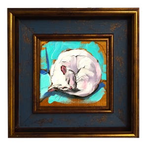 White Sleeping Cat Original Oil Painting – 4x4&quot; Hand-Painted Whimsical Kitty Art, Feline Gift, Custom Wall Decor