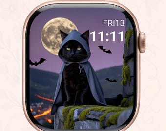 Halloween Apple Watch Face: Moonlight Cat, Bats (Digital Download PNG File)